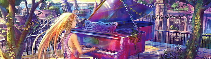 분홍색과 보라색 그랜드 피아노, 애니메이션 소녀들, 피아노, 드레스, 긴 머리, 노란 머리, 시가 츠와 키 미노 우소, HD 배경 화면