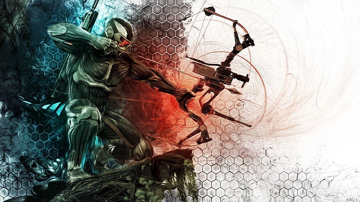 postać trzymająca czarny łuk bloczkowy tapeta cyfrowa, Crysis, Crysis 3, gry wideo, Tapety HD