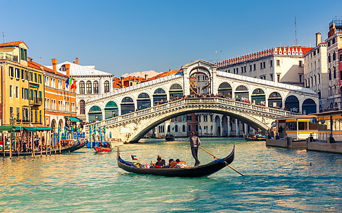 Pont du Rialto, Venise, Italie, grand canal à Venise, Italie, pont, bâtiment, Venise, canal, gondoles, pont du Rialto, Fond d'écran HD HD wallpaper