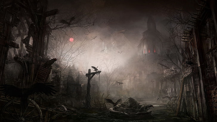 bare tree illustration, night, the city, the ruins, crows, Diablo III, HD wallpaper