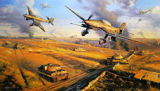茶色の飛行機戦闘機の図、氷、戦争、アート、軍隊、絵画、寒さ、図面、ww2、ドッグファイト、ドイツの航空機、ロシアの戦闘機、タンク、虎の戦車、航空アート、シュートダウン、バーン7、ドイツの戦車、ジャンカーju 87、ドイツ爆撃機、t-34、ロシアの戦車、ロシアの航空機、 HDデスクトップの壁紙 HD wallpaper