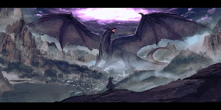 ilustración, arte digital, 2D, ilustración, criatura, dragón, alas, guerrero, espada, apocalíptico, destrucción, montañas, arte de fantasía, Rolua Noa, Fondo de pantalla HD