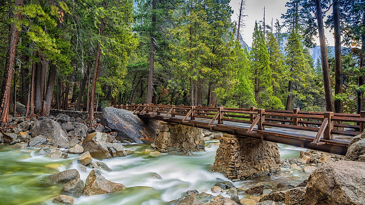 brown and gray metal framed footbridge over body of water painting, Yosemite, 5k, 4k wallpaper, 8k, forest, OSX, apple, mountains, bridge, HD wallpaper