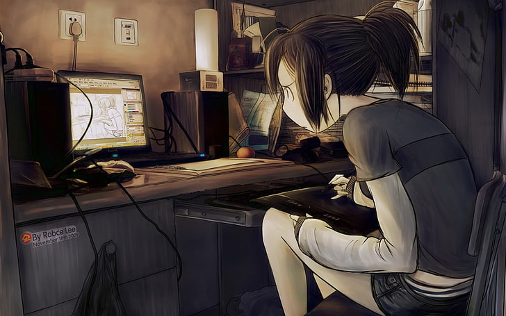 شخصية أنيمي تجلس على الكرسي أمام الكمبيوتر ، الفن الرقمي ، فتيات الأنمي ، الرسوم المتحركة ، الكمبيوتر، خلفية HD