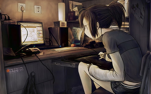 anime character sit on chair in front of computer, digital art, anime girls, anime, computer, HD wallpaper HD wallpaper