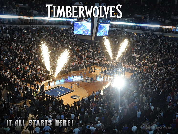 basketball court with text overlayt, minnesota timberwolves, basketball, spectators, fireworks, HD wallpaper