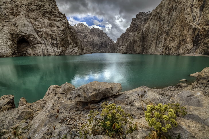 green water lake surrounded by gray mountain ranges photo shot during daytime, Emerald  green, green water, gray mountain, photo, shot, daytime, Kyrgyzstan, central asia, asia  beauty, beauty  lake, lake  alpine, alpine lake, Naryn province, Tien Shan  mountain, landscape, lakeshore, wilderness, river, At-Bashi District, canon 5D, eos, color, colour, emerald, wild, alpine, T* 2.8, ZE, HDR, outdoors, scenic, asia, nature, fresh water, naryn oblast, mountain, lake, scenics, rock - Object, water, summer, HD wallpaper