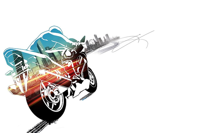 человек, едущий на мотоцикле, иллюстрация, Burnout (видеоигра), Burnout Paradise, мотоцикл, оранжевый, голубой, белый фон, HD обои