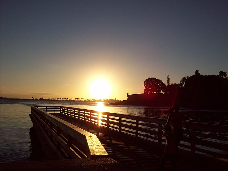 sunset, sea, pier, HD wallpaper
