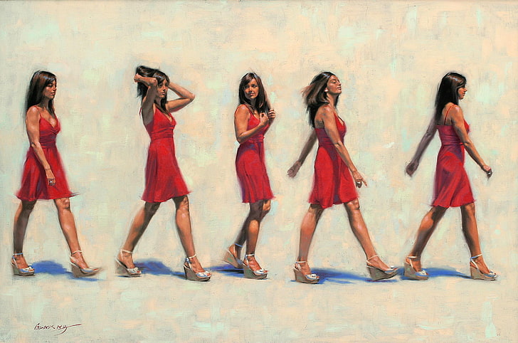 girl, red, picture, dress, brunette, art, gait, Gavin Glakas, HD wallpaper