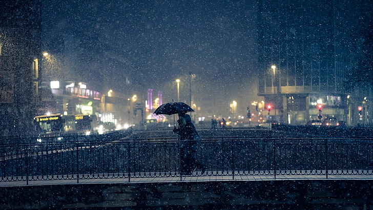 snow, snowing, night, umbrella, darkness, metropolis, snowfall, city, winter, evening, HD wallpaper