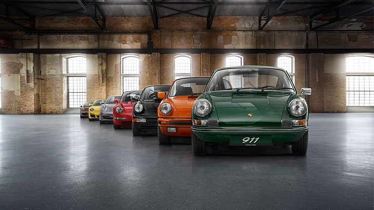 sept voitures aux couleurs variées, Porsche 911, Porsche, Fond d'écran HD