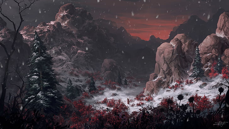 landscape, mountains, artwork, digital art, fantasy art, winter, snow, rock, red, HD wallpaper