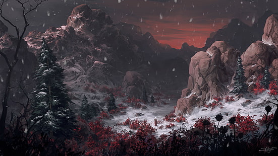 krajobraz, góry, dzieło sztuki, sztuka cyfrowa, sztuka fantasy, zima, śnieg, skała, czerwień, Tapety HD HD wallpaper