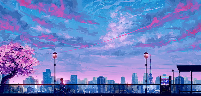 the sky, sunset, bike, Sakura, guy, stop, by SeerLight, HD wallpaper HD wallpaper