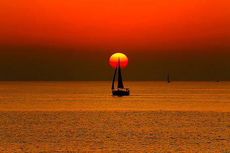 sylwetka żaglówki podczas zachodu słońca, morze, niebo, słońce, zachód słońca, łódź, jacht, żagiel, Tapety HD HD wallpaper