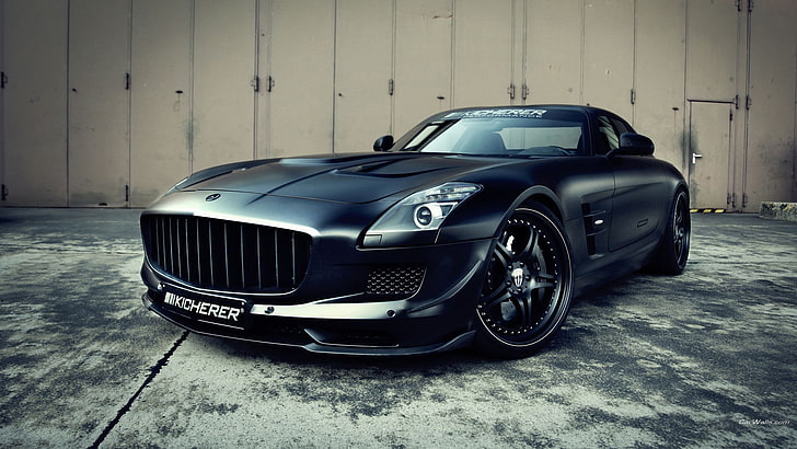 coche negro sobre pavimento gris, Mercedes SLS, Mercedes Benz, automóvil, vehículo, automóviles negros, Fondo de pantalla HD