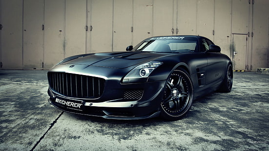 macchina nera su marciapiede grigio, Mercedes SLS, Mercedes Benz, auto, veicoli, macchine nere, Sfondo HD HD wallpaper