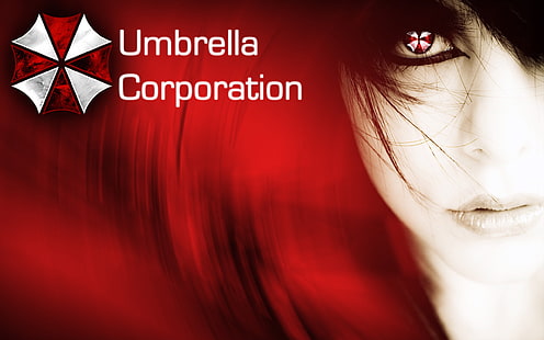 Umbrella Corporation, Resident Evil, yüz, kırmızı arka plan, kadınlar, HD masaüstü duvar kağıdı HD wallpaper