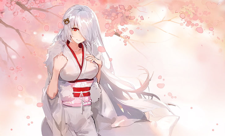 anime, gadis anime, karakter asli, mata merah, kimono, rambut putih, Wallpaper HD