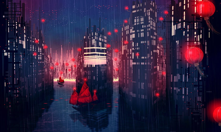 black city buildings wallpaper, sailing ship, building, rain, anime, lantern, night, water, cityscape, HD wallpaper