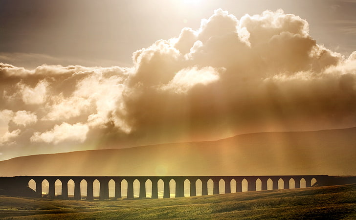 Ribblehead Viaduct Landscape, Yorkshire,..., Europe, United Kingdom, Landscape, Scenery, Sunshine, Road, Yorkshire, England, Clouds, Railway, Viaduct, Sunrays, HarryPotter, Ribblehead, HD wallpaper