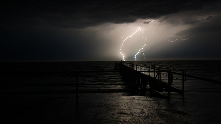 brown wooden dock, lightning, sea, sky, night, storm, pier, clouds, horizon, HD wallpaper