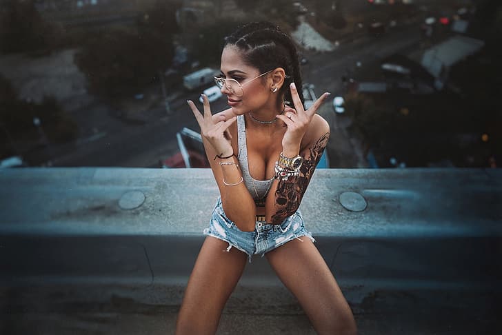 roof, decoration, shorts, the evening, hands, makeup, brunette, tattoo, glasses, hairstyle, braids, fingers, topic, sitting, gesture, dark, on the roof, Paul Toma, HD wallpaper