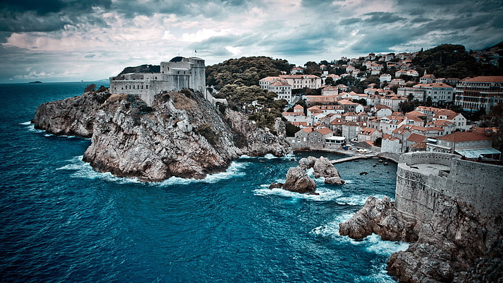 aerial photo of house surrounded by the body of water during daytime, sea, building, bay, Dubrovnik, Croatia, nature, HDR, clouds, waves, cliff, gray, rock, HD wallpaper