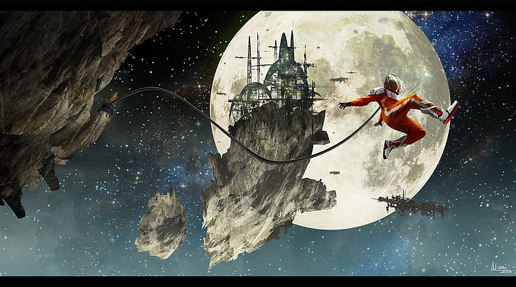 illustration de la lune et du château, espace, astronaute, lune, fils, vaisseau spatial, combinaison spatiale, saut, Fond d'écran HD