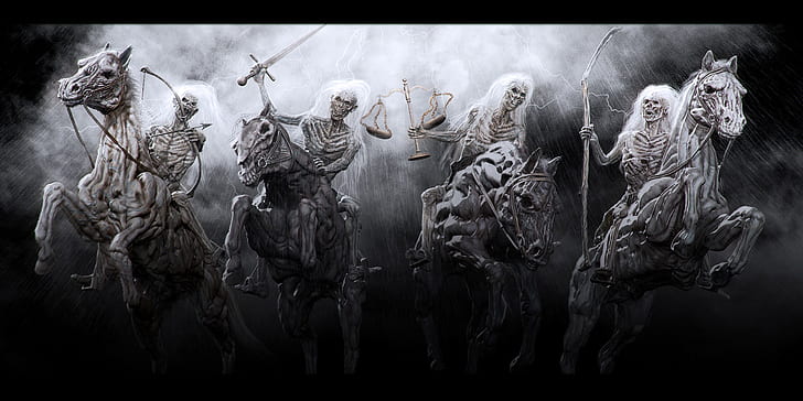 4, apocalypse, bible, Dark, horror, Horsemen, horses, monsters, of, religion, Revelations, skeleton, skulls, sword, the, weapons, HD wallpaper