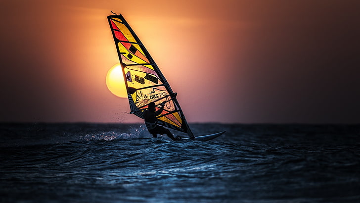 windsurfing, sport, morze, słońce, Tapety HD