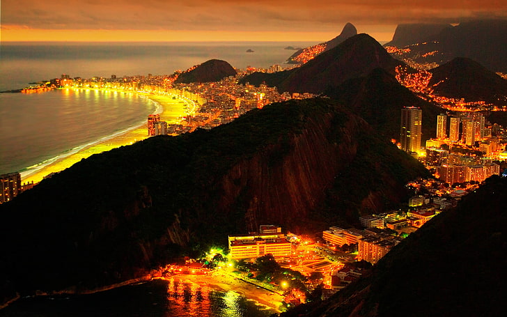city buildings, sea, night, the city, lights, Brazil, Rio de Janeiro, HD wallpaper
