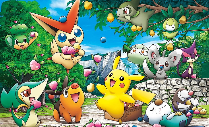 Pokémon monster tapeter, Pokémon, Axew (Pokémon), Drilbur (Pokémon), Oshawott (Pokémon), Pansage (Pokémon), Pikachu, Purrloin (Pokémon), Snivy (Pokemon), Tepig (Pokémon), Victini (Pokémon), HD tapet