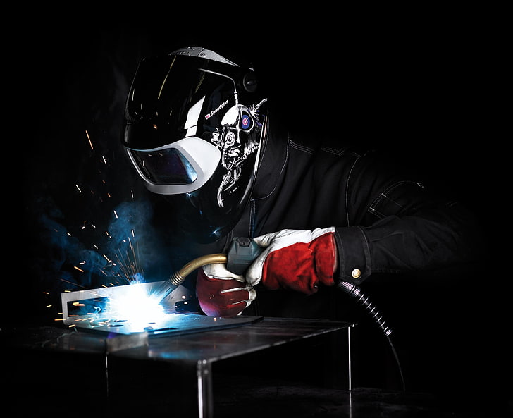 man welding object, black, mask, welding, HD wallpaper