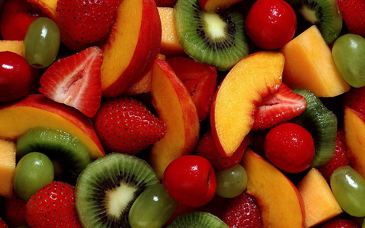 cherry, fruit, kiwi, peach, salad, strawberry, HD wallpaper