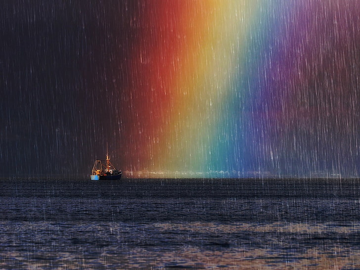 pintura de barco à vela marrom, trabalho artístico, arco-íris, mar, chuva, colorido, veículo, navio, HD papel de parede
