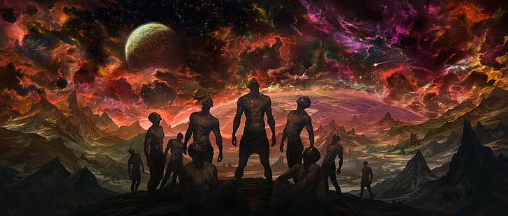 fantasy art, space, Noah Bradley, planet, group of people, HD wallpaper