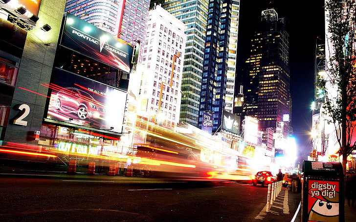 длительная выдержка, Таймс-сквер, городской пейзаж, Нью-Йорк, ночь, трафик, HD обои