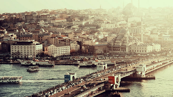 Стамбул, Турция, город, городской пейзаж, мост, мечеть, мост Галата, HD обои