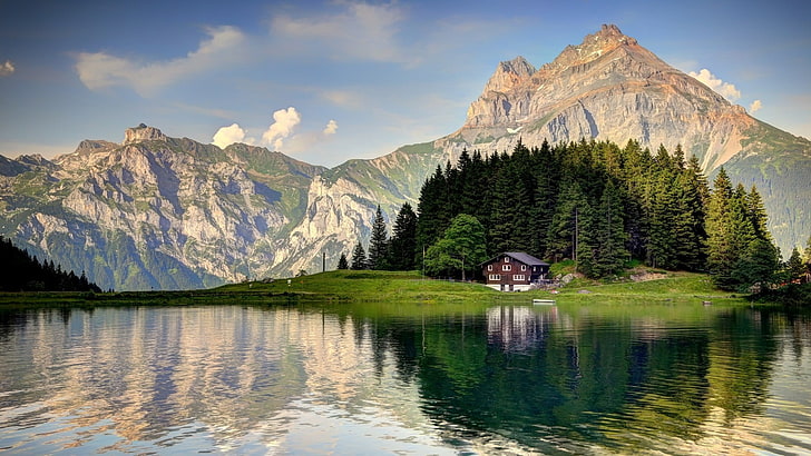 pino y montaña, paisaje, Alpes suizos, montañas, lago, cabaña, Fondo de pantalla HD