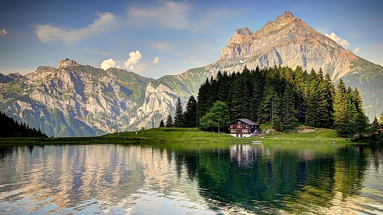 pine tree and mountain, landscape, Swiss Alps, mountains, lake, cottage, HD wallpaper HD wallpaper