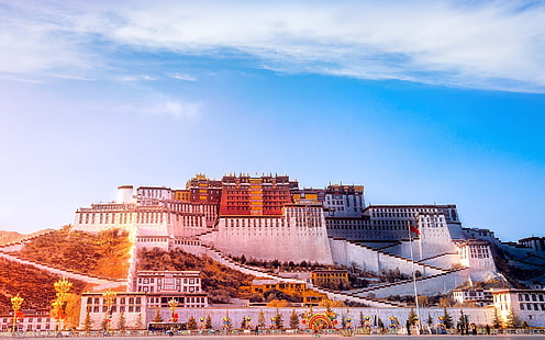 الصين التبت قصر بوتالا غروب الشمس السماء الزرقاء، خلفية HD HD wallpaper