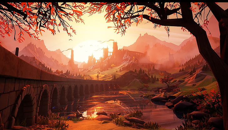 pont en arc peinture, illustration, coucher de soleil, château, oeuvre, Fond d'écran HD