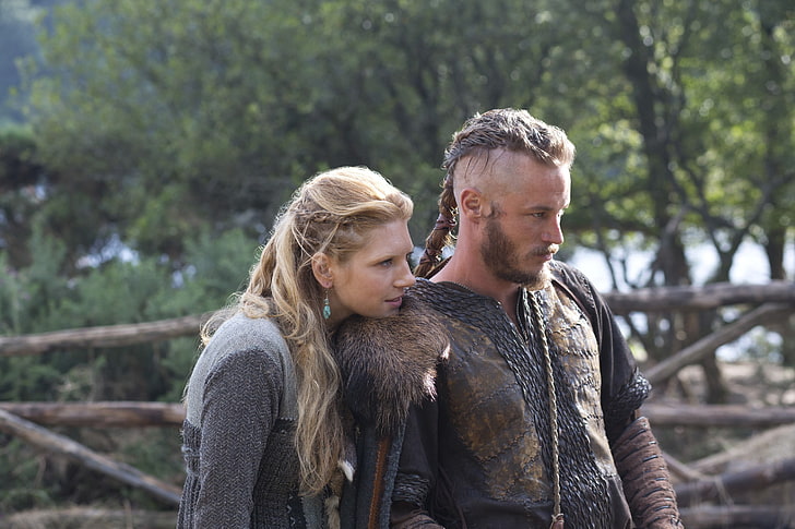 camisa marrom e preta masculina, Vikings (série de TV), Ragnar Lodbrok, casal, rural, Lagertha, HD papel de parede