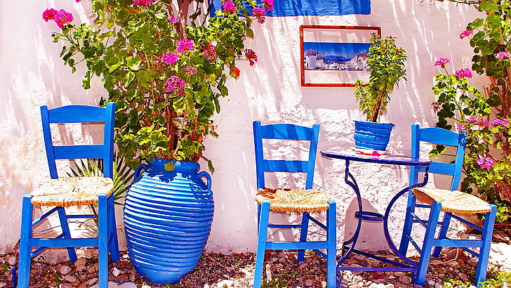 grecia, hogar, azul, flor, azul majorelle, casa, silla, floristería, sillas, Fondo de pantalla HD
