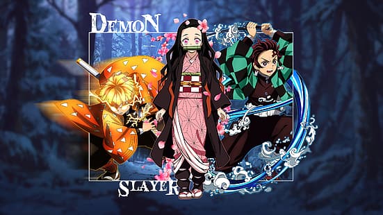 Kimetsu no Yaiba, demone, Slayer, Kamado Nezuko, Tanjiro Kamado, Kamado Tanjirō, Zenitsu Agatsuma, Sfondo HD HD wallpaper
