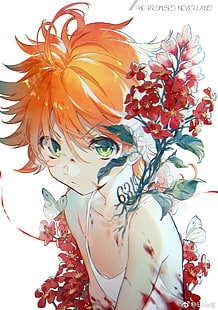 Anime, Yakusoku no neverland, Anime Girls, Emma (Das versprochene Neverland), Das versprochene Neverland, Rotschopf, grüne Augen, Blumen, HD-Hintergrundbild HD wallpaper