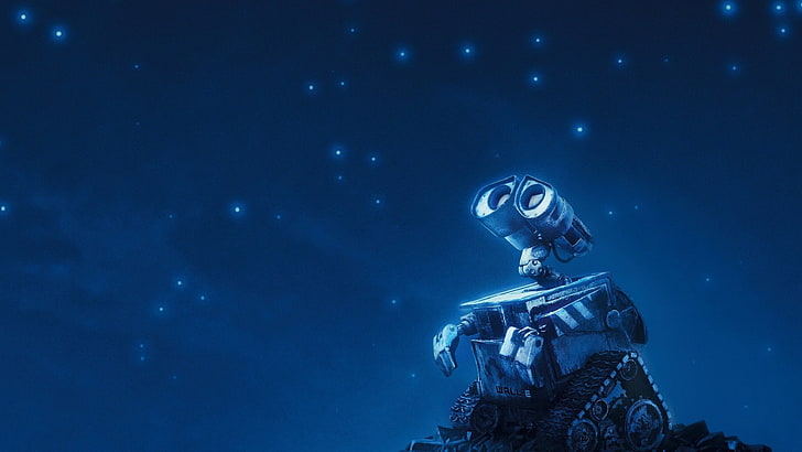Tapeta graficzna Wall-E, WALL · E, Pixar Animation Studios, robot, filmy, gwiazdy, noc, Tapety HD