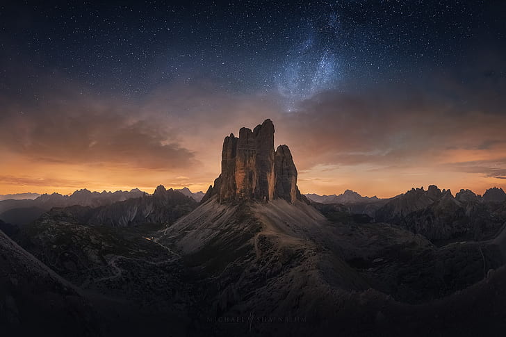 Mountains, Dolomites, Italy, Night, Stars, Sunset, Tre Cime di Lavaredo, HD wallpaper